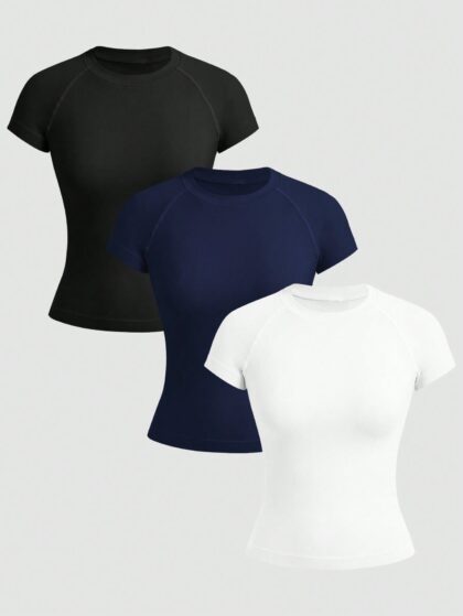Gameset SHEIN Sport 3 paquetes de camisetas deportivas de manga corta, ajustadas y sin costuras de unicolor minimalista